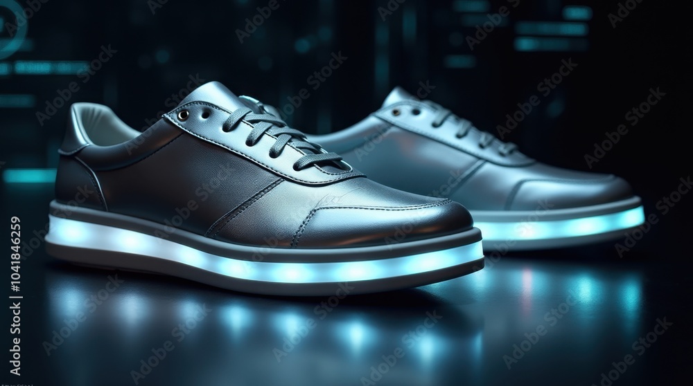 A pair of futuristic sports shoes featuring sleek metallic silver surfaces and glowing LED strips along the sides, showcasing a cutting-edge design. A pair of futuristic sports shoes featuring sleek metallic silver surfaces and glowing LED strips along the sides, showcasing a cutting-edge design.