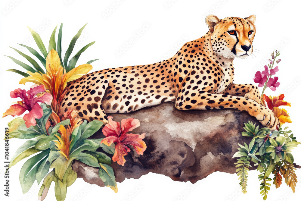 Naklejka premium A vibrant watercolor set featuring a cheetah resting on a rock, surrounded by tropical plants and flowers. The cheetah sleek body and spotted coat are isolated on a white background, ideal for