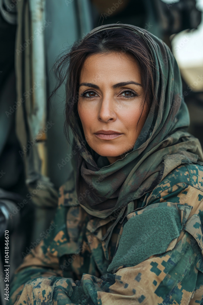 A middle-aged Arabian female soldier in a camouflage jacket, standing by military equipment. Her strong expression conveys resilience and determination in the face of adversity. A middle-aged Arabian female soldier in a camouflage jacket, standing by military equipment. Her strong expression conveys resilience and determination in the face of adversity.