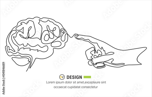 index finger of hand with brain one line drawing. The concept of mind control