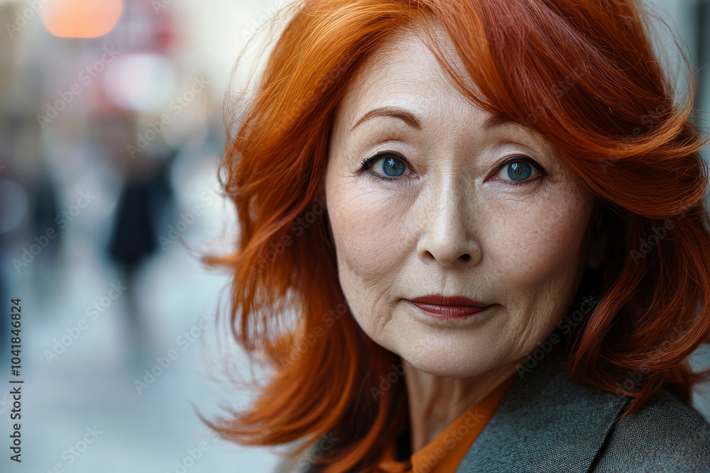 A middle-aged Japanese woman with beautifully layered red hair and mesmerizing blue eyes looks directly at the camera. Her expression is both serene and confident, showcasing her unique blend of A middle-aged Japanese woman with beautifully layered red hair and mesmerizing blue eyes looks directly at the camera. Her expression is both serene and confident, showcasing her unique blend of