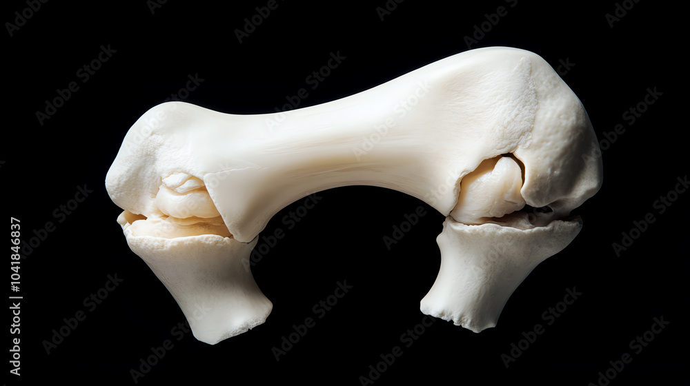 Fototapeta premium Dog femur bone displayed on a black background, detailed anatomy showcasing structure and form.