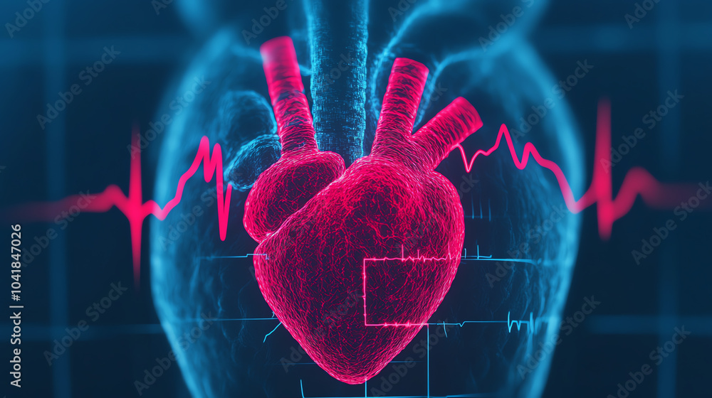 Realistic 3D rendering of a human heart with a heartbeat line, showcasing healthcare technology and anatomy in vibrant colors against a dark backdrop.