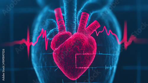 Obraz na płótnie Realistic 3D rendering of a human heart with a heartbeat line, showcasing healthcare technology and anatomy in vibrant colors against a dark backdrop. w salonie