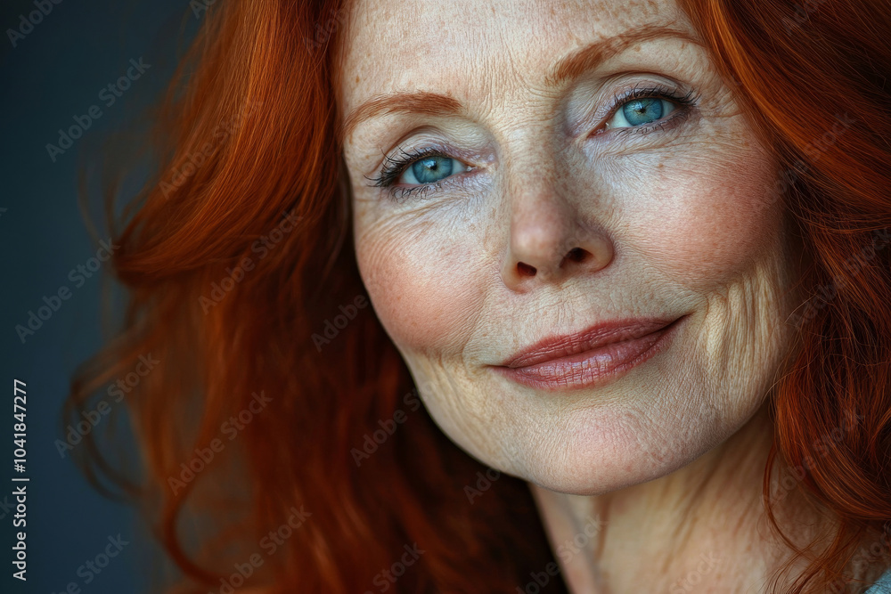 A senior Caucasian woman with silver-streaked red hair and deep blue eyes radiates elegance in her close-up portrait. Her gentle smile and wise demeanor embody grace and the beauty of age, captured in A senior Caucasian woman with silver-streaked red hair and deep blue eyes radiates elegance in her close-up portrait. Her gentle smile and wise demeanor embody grace and the beauty of age, captured in