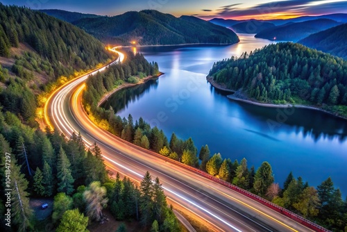 Aerial view of light trail at Dexter Reservoir near Lowell, Oregon photo