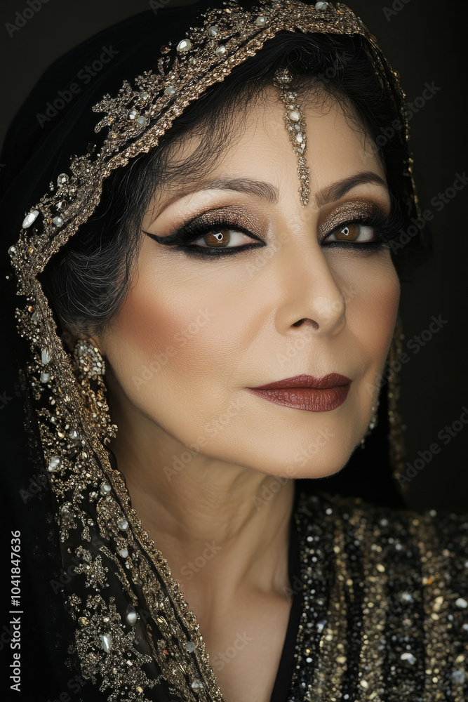 A middle-aged Arabian woman with rich, deep-colored makeup blending gold and bronze tones, accented by tiny crystals around her eyes. The regal, luxurious look is enhanced by glowing lighting. A middle-aged Arabian woman with rich, deep-colored makeup blending gold and bronze tones, accented by tiny crystals around her eyes. The regal, luxurious look is enhanced by glowing lighting.