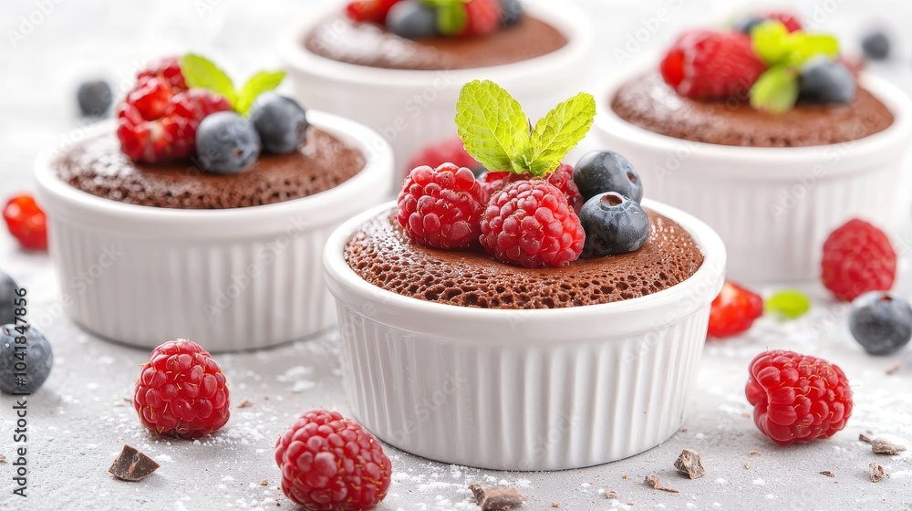 Chocolate Dessert with Berries and Mint Garnish Chocolate Dessert with Berries and Mint Garnish