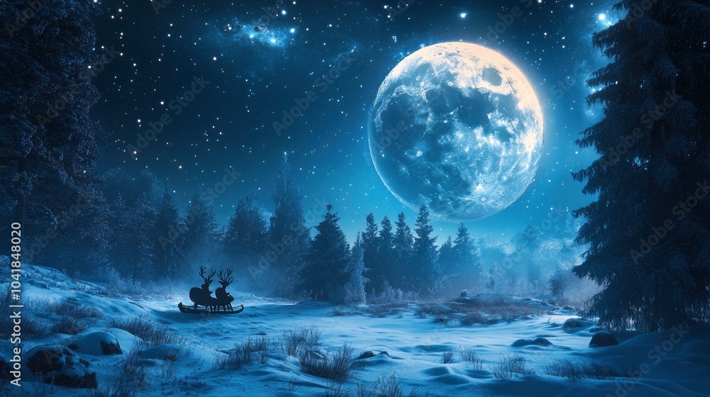 Naklejka premium Santa Claus in a sleigh with reindeer flies over the earth in the night starry sky with an amazing big moon with snow. Magic and Happy New Year 2025, concept. with generative ai