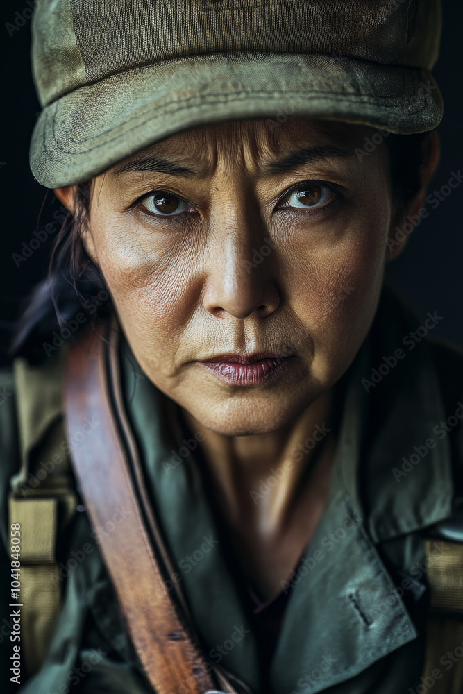 A portrait of a middle-aged Japanese female soldier, her face set in resolve, with soft natural lighting enhancing the quiet strength of her expression and uniform. A portrait of a middle-aged Japanese female soldier, her face set in resolve, with soft natural lighting enhancing the quiet strength of her expression and uniform.