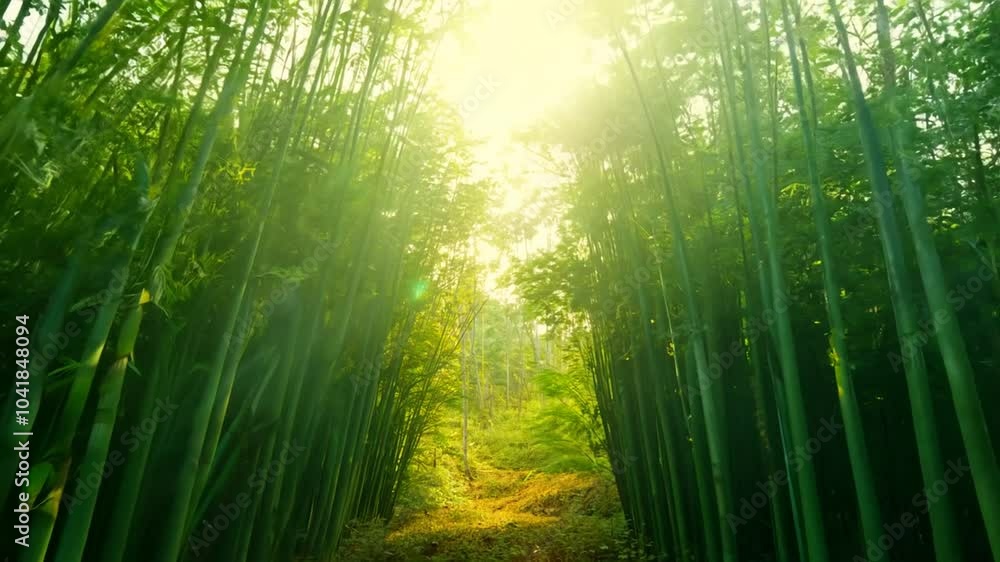 Bamboo forest with morning sunlight,green nature background. Towards Camera. 4K Video Bamboo forest with morning sunlight,green nature background. Towards Camera. 4K Video