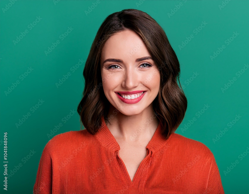 Obraz premium Portrait of Beautiful Young Woman Happily Smiling Against Studio Background
