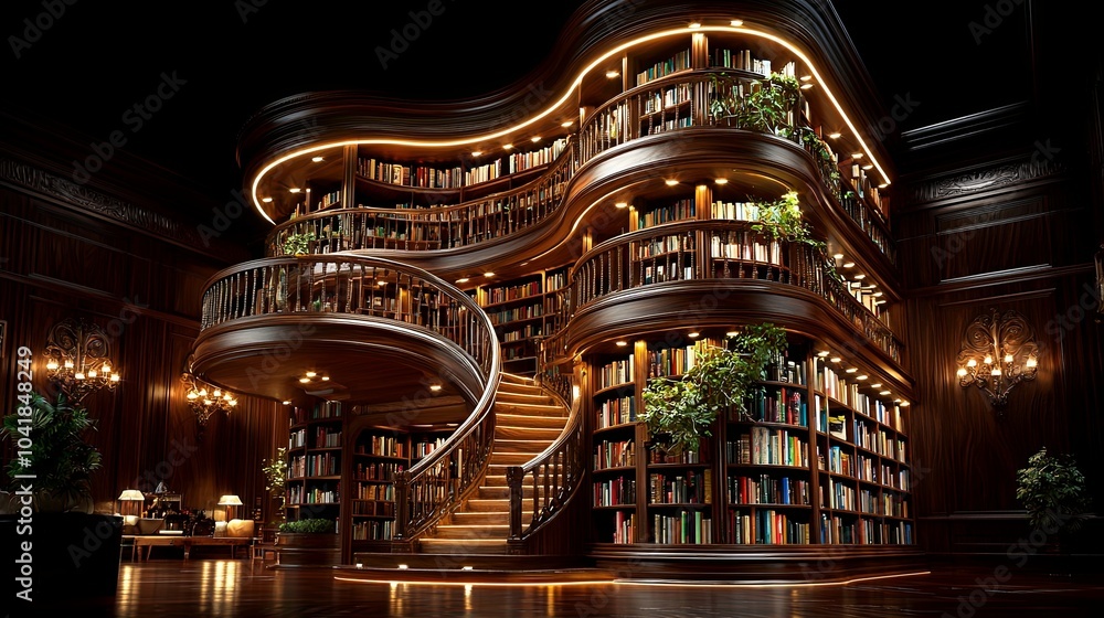 Obraz premium Elegant Wooden Bookshelves in Grand Interior Setting