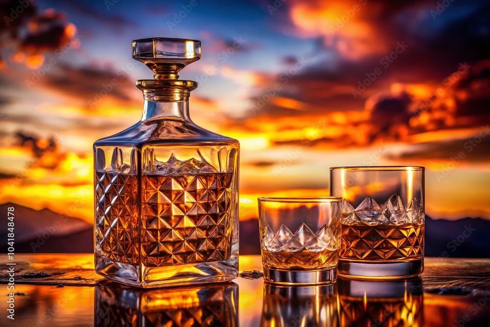 Elegant Crystal Decanter with Whiskey and Ice Cubes in Low Light Against a Vibrant Sunset Background for Luxurious Elegant Crystal Decanter with Whiskey and Ice Cubes in Low Light Against a Vibrant Sunset Background for Luxurious