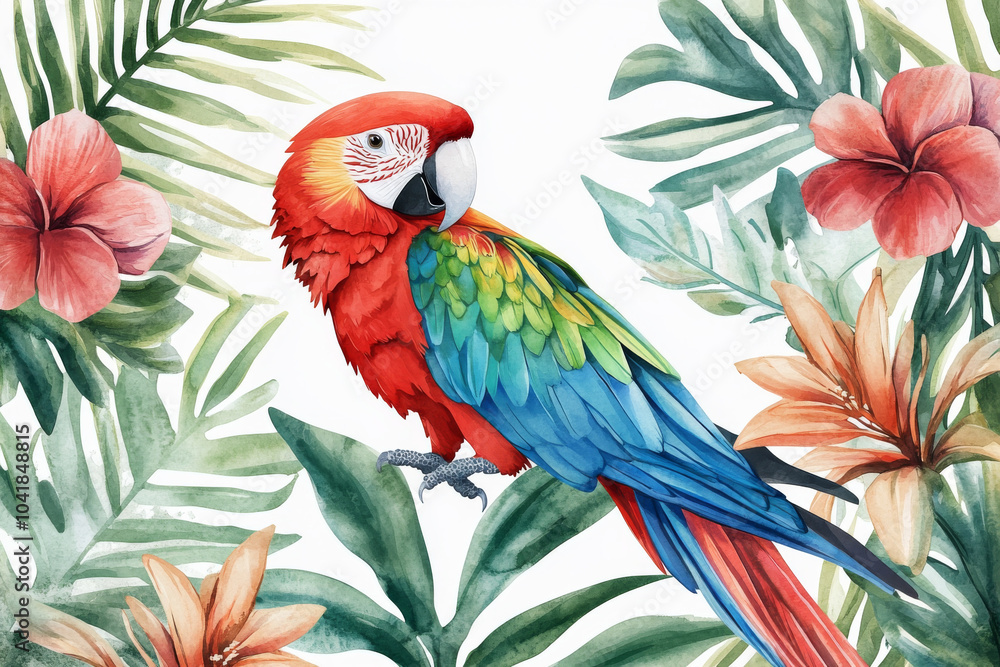 Obraz premium A colorful watercolor of a macaw resting among tropical leaves and jungle flowers. The bird vibrant red, blue, and green feathers are hand-painted with care, isolated on a white background, ideal