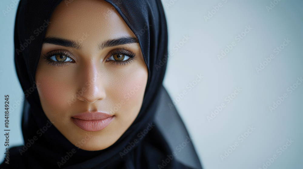 Close-up portrait of a woman in a hijab, natural and minimal makeup, soft lighting, calm expression, neutral studio background Close-up portrait of a woman in a hijab, natural and minimal makeup, soft lighting, calm expression, neutral studio background