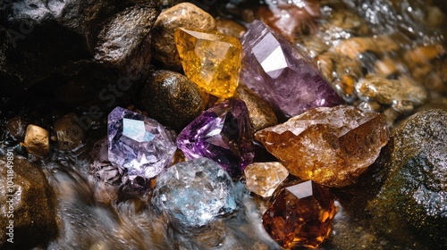 Precious gems sparkle in the bed of a shallow stream, showcasing their natural brilliance and rarity. photo