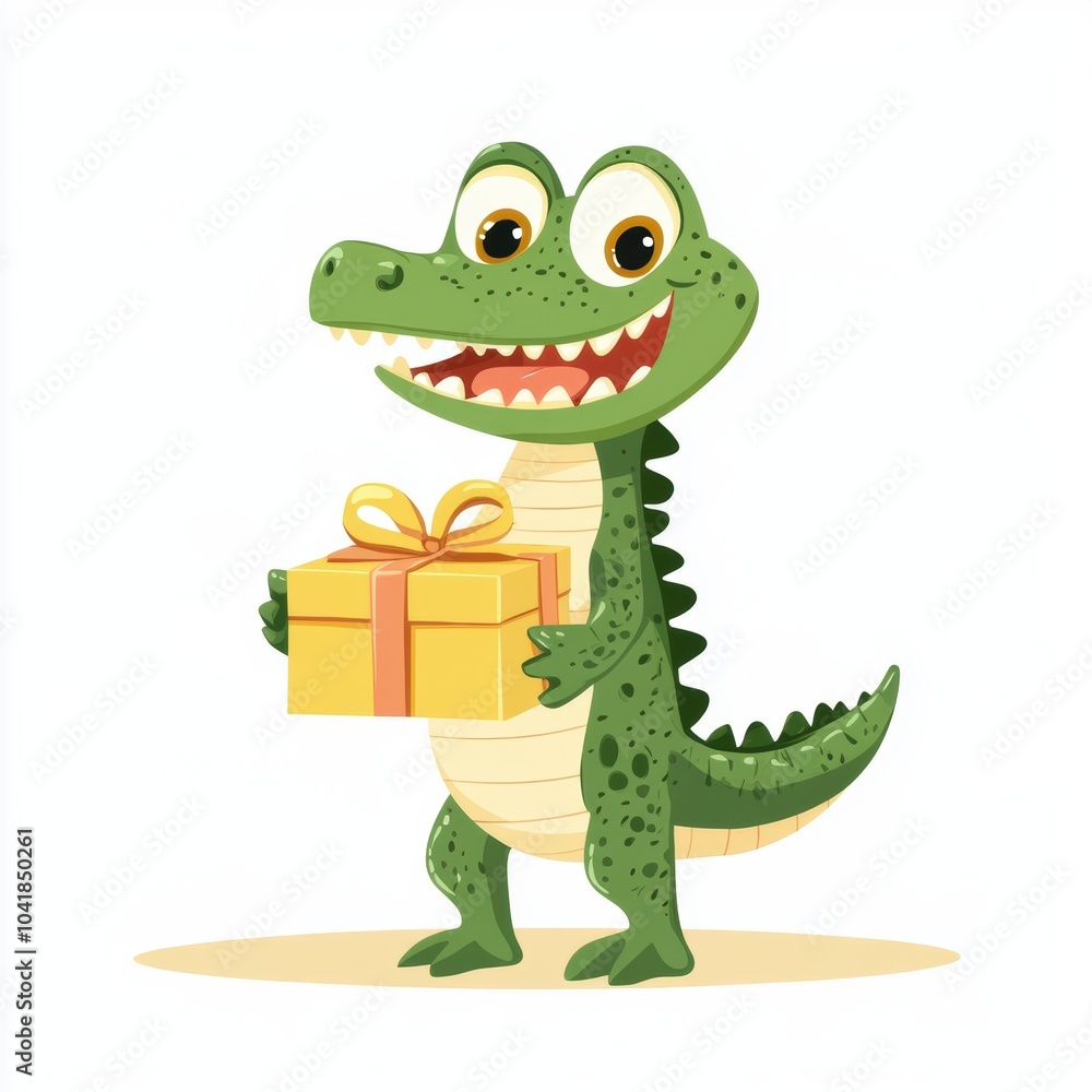 Naklejka premium Cute alligator holding a gift box isolated over white background.
