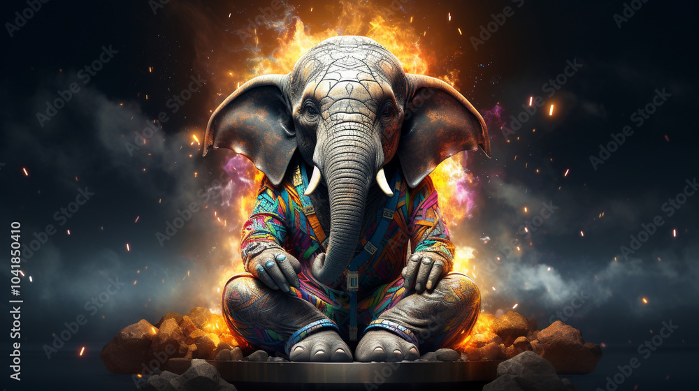 Elephant-headed figure in traditional robes meditating with candles in a mystical temple setting Elephant-headed figure in traditional robes meditating with candles in a mystical temple setting