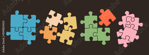 Colorful jigsaw Puzzle. Different shapes. Hand drawn modern Vector illustration. Various colorful pieces. Piecing together. Isolated design elements