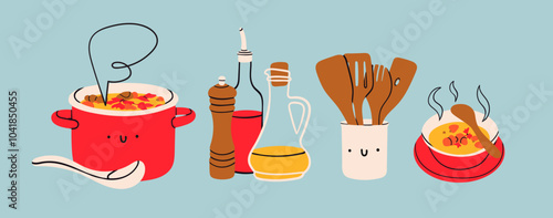 Soup in pan, kitchen utensils, pepper grinder, oil, vinegar, hot dish in bowl or plate. Delicious vegetarian food concept. Hand drawn Vector illustration. Isolated design elements
