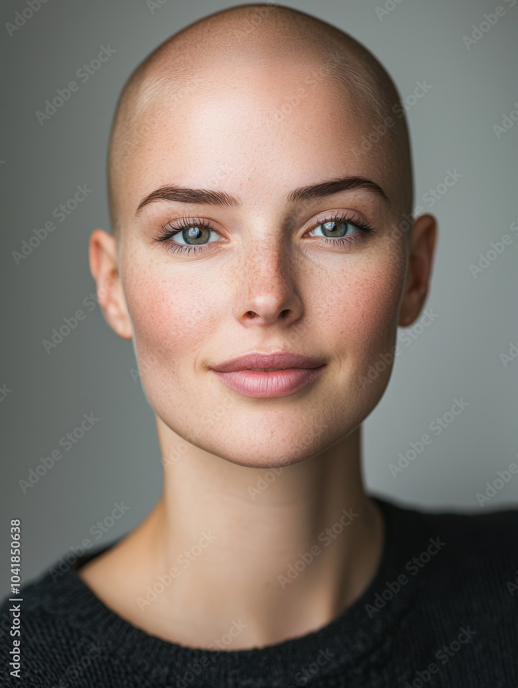 confident young woman with bald head and striking blue eyes, showcasing natural beauty and serene expression. Her smooth skin and subtle makeup enhance her features, creating captivating portrait confident young woman with bald head and striking blue eyes, showcasing natural beauty and serene expression. Her smooth skin and subtle makeup enhance her features, creating captivating portrait