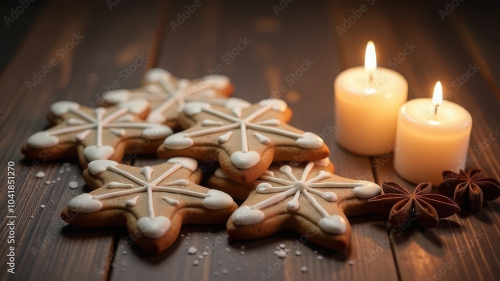Star shaped ginger cookies lie on the table, illuminated by several small candles. Dark background. Image with selective focus. Star shaped ginger cookies lie on the table, illuminated by several small candles. Dark background. Image with selective focus.