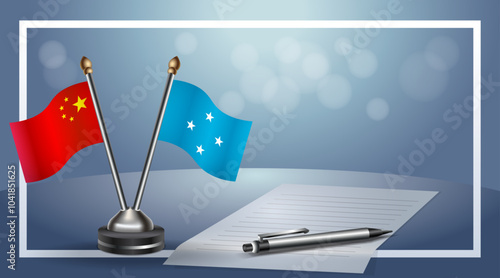 China and Micronesia Small national flag on bokeh background, cooperative relationship