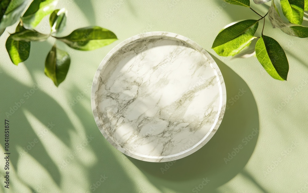 A modern mockup scene designed for eco-friendly beauty products, featuring a round marble podium viewed from above, set against a green background with gentle shadows A modern mockup scene designed for eco-friendly beauty products, featuring a round marble podium viewed from above, set against a green background with gentle shadows