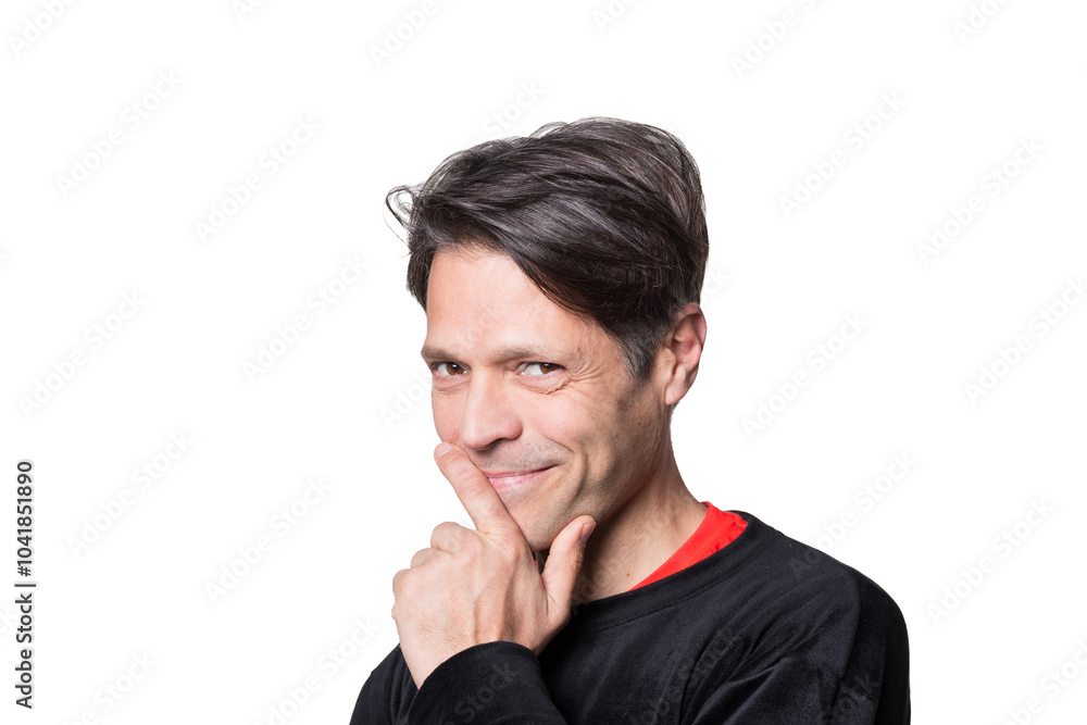 Middle-aged man with cunning expression, on white background. Middle-aged man with cunning expression, on white background.