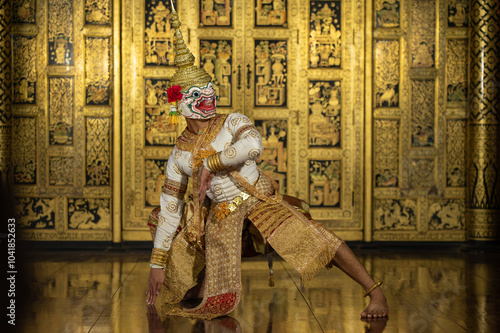 Pantomime (Khon) is traditional Thai classic masked play enacting scenes from the Ramayana with a backdrop of Thai paintings in a public place at Wat Phra Khao, Ayutthaya province, Thailand photo