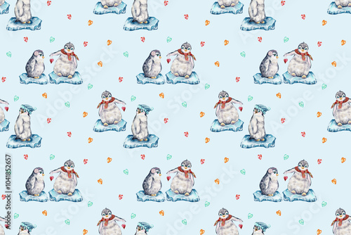 seamless watercolor pattern. cute penguins are playing on crisis. little penguins for the holidays.   Christmas. animals on Christmas photo