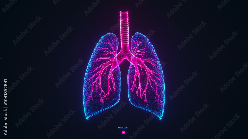 A neon graphic representation of human lungs on a dark background, illustrating the intricate vascular structure in vibrant colors. A neon graphic representation of human lungs on a dark background, illustrating the intricate vascular structure in vibrant colors.
