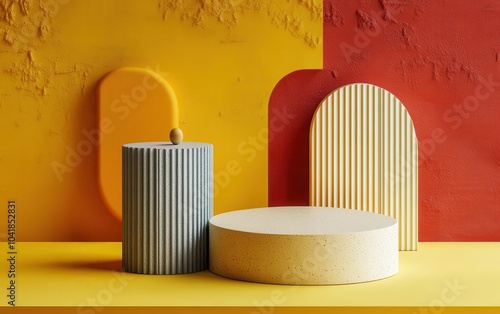 A stylish product display concept with two podiums in varied geometric shapes, set against a striking yellow background