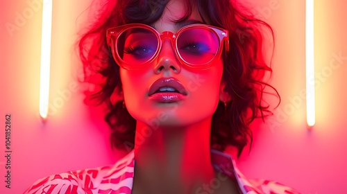 Wallpaper Mural A woman with short dark hair wearing sunglasses looks directly at the camera with a pink neon light behind her. Torontodigital.ca