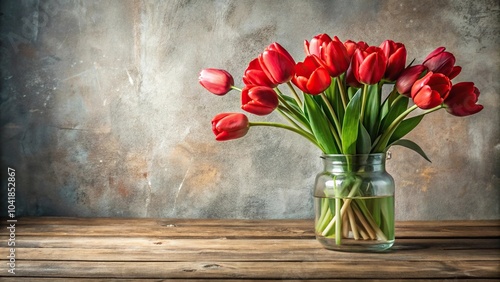 Wallpaper Mural Red tulip flowers in vintage jar on rustic wooden table against white plaster wall reflected Torontodigital.ca