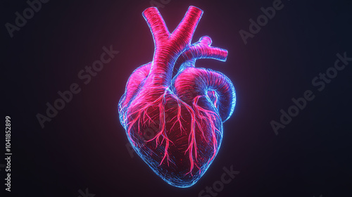 A vibrant 3D illustration of a human heart, showcasing intricate vascular details with glowing effects. Perfect for medical or educational purposes.