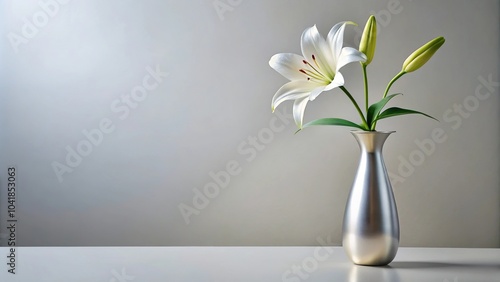 Wallpaper Mural A single white lily with a slender stem standing alone in a gleaming silver vase on a minimalist modern floor, silverware, flowers Torontodigital.ca