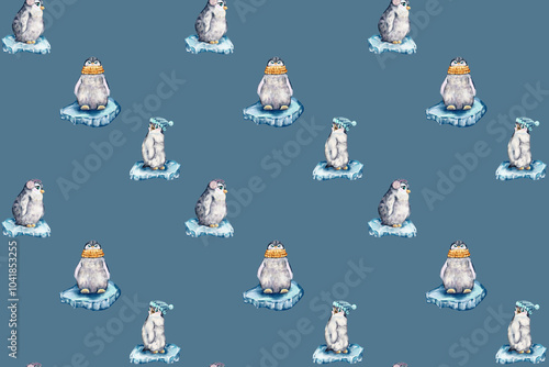 seamless watercolor pattern. cute penguins are playing on crisis. little penguins for the holidays.   Christmas. animals on Christmas photo