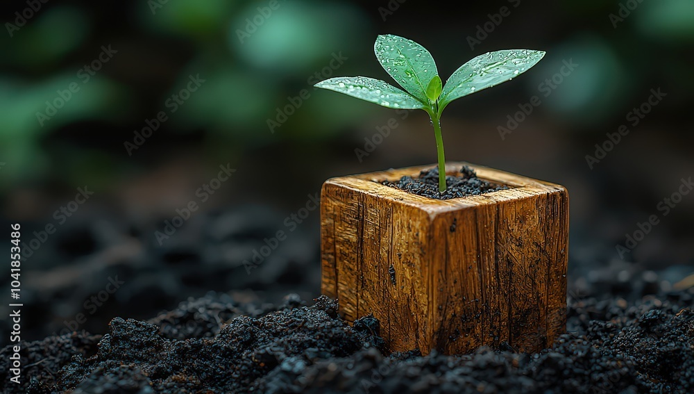 A wooden cube with a green sprout growing on it, placed in the soil. A wooden cube with a green sprout growing on it, placed in the soil.