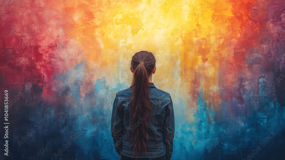 Fototapeta premium A young girl admires a vibrant watercolor mural, perfect for World Autism Awareness Day materials, evoking wonder and introspection in an urban setting.