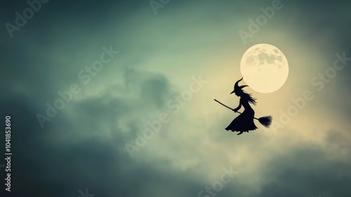 Background illustration featuring a simple silhouette of a witch on a broomstick against a moon, set against a minimal gradient sky with ample copy space