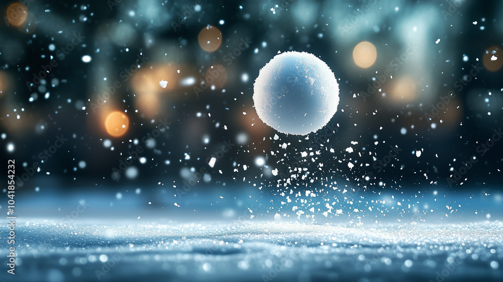 Ethereal snowball mid-air with sparkling bokeh against blurred winter background Ethereal snowball mid-air with sparkling bokeh against blurred winter background