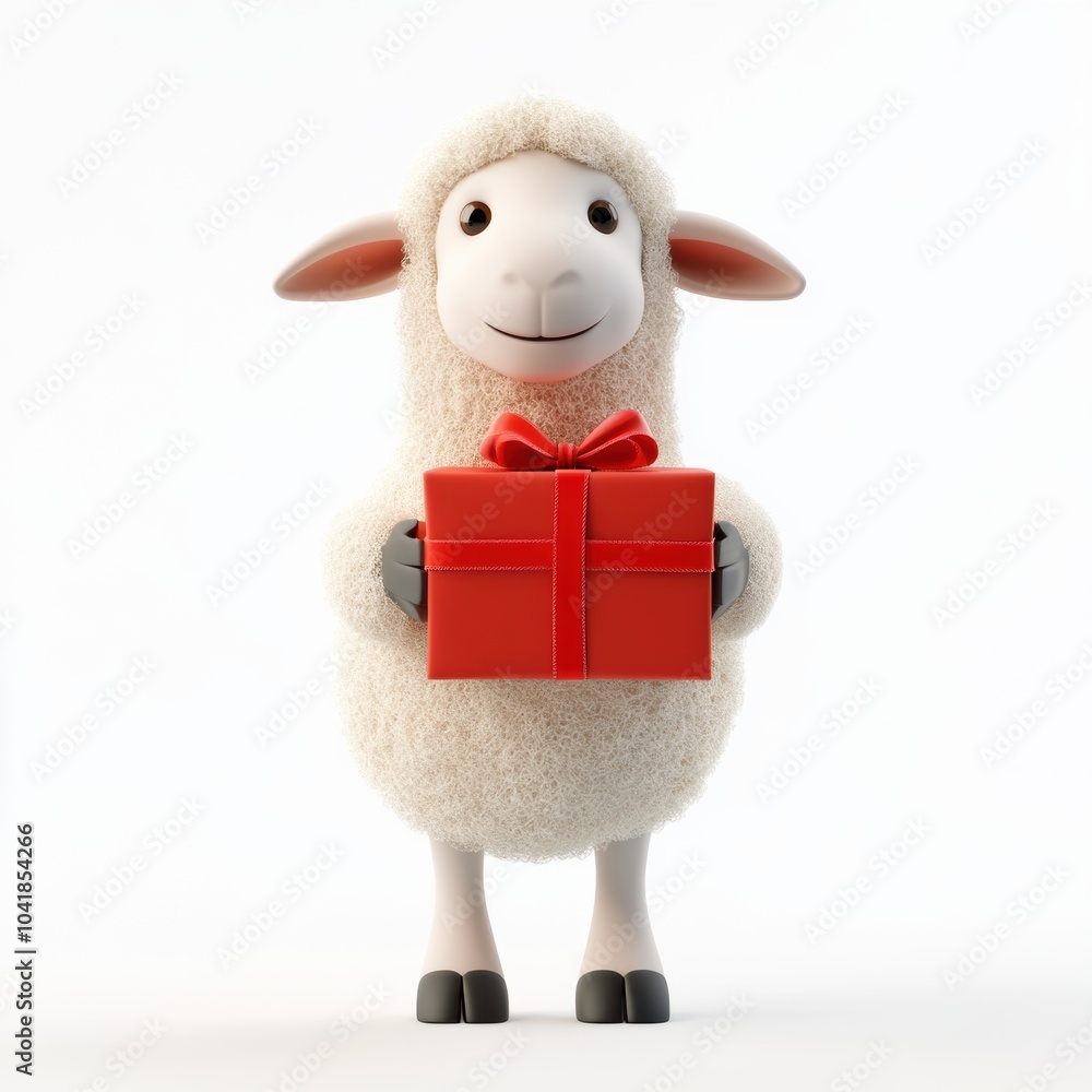 3D rendering cute sheep holding a gift box isolated over white background. 3D rendering cute sheep holding a gift box isolated over white background.