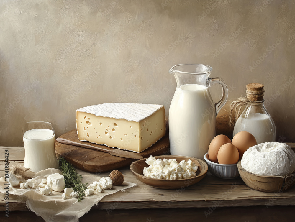 Showcase of dairy products, including a glass and jug of milk, a block of cheddar, and neatly arranged slices of brie and camembert, all set on a white background.
Showcase of dairy products, including a glass and jug of milk, a block of cheddar, and neatly arranged slices of brie and camembert, all set on a white background.