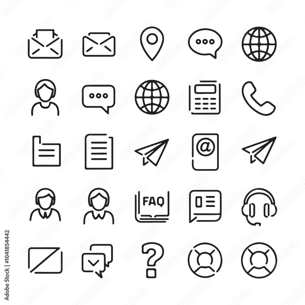 Set of 25 Communication and Support Line Icons - Contact, Email, FAQ, Help, and Business Symbols Set of 25 Communication and Support Line Icons - Contact, Email, FAQ, Help, and Business Symbols