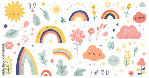 A whimsical collection of colorful nature-themed illustrations featuring flowers, rainbows, clouds, and cheerful elements isolated on white background.