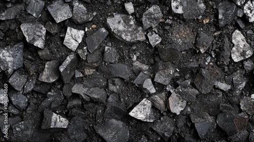 Textured coal surface in high detail, highlighting its jagged, raw appearance and deep, black coloration.