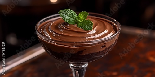 A delicious chocolate mousse topped with mint leaves in a glass dish.