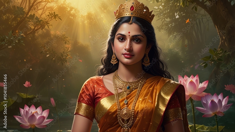 Fototapeta premium A beautiful woman in a traditional Indian sari and crown stands in a lush forest with lotus flowers.